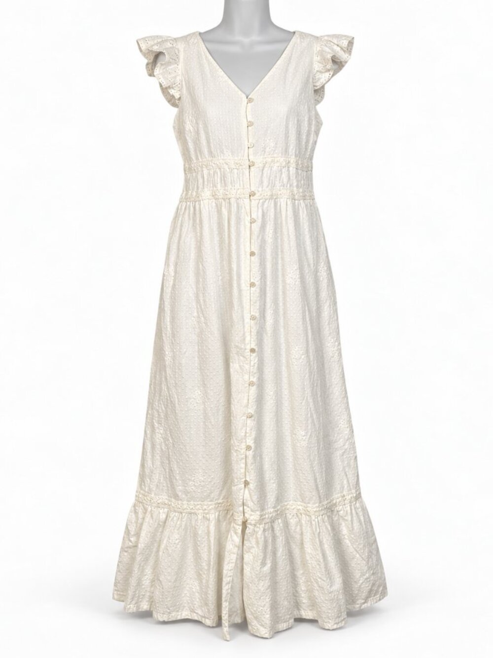Rachel Zoe White Eyelet Lace Maxi Dress W/ Ruffle Sleeves & Button Front
